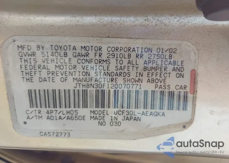 2002 Lexus Ls 430 from USA, damaged, VIN JTHBN30F120070771